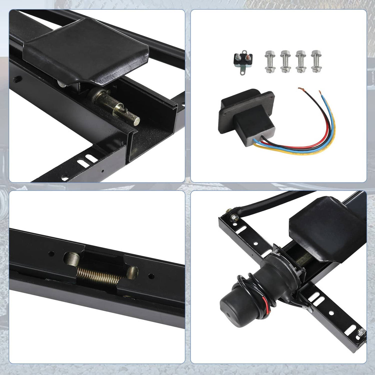 Trailer stabilizer jack stand kit close-up: plates, jack mechanism, bolts, wiring harness
