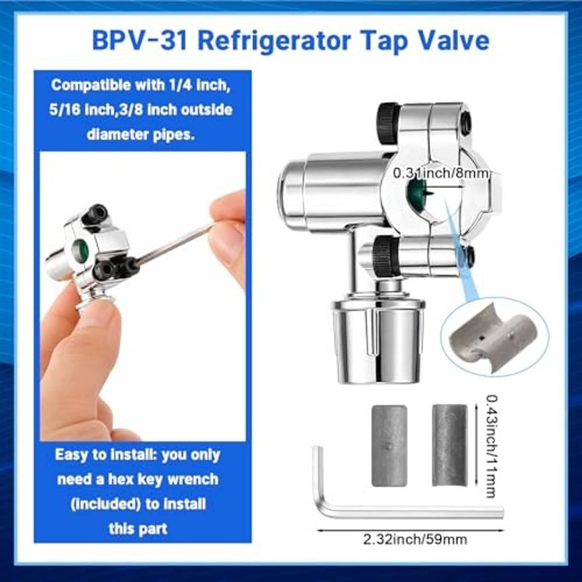 BPV-31 refrigerator tap valve with connector and included installation hex key.