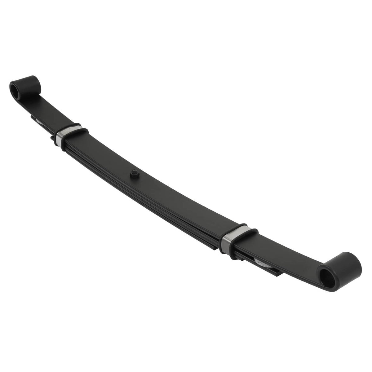 Single black rear leaf spring with end bushings and support bracket