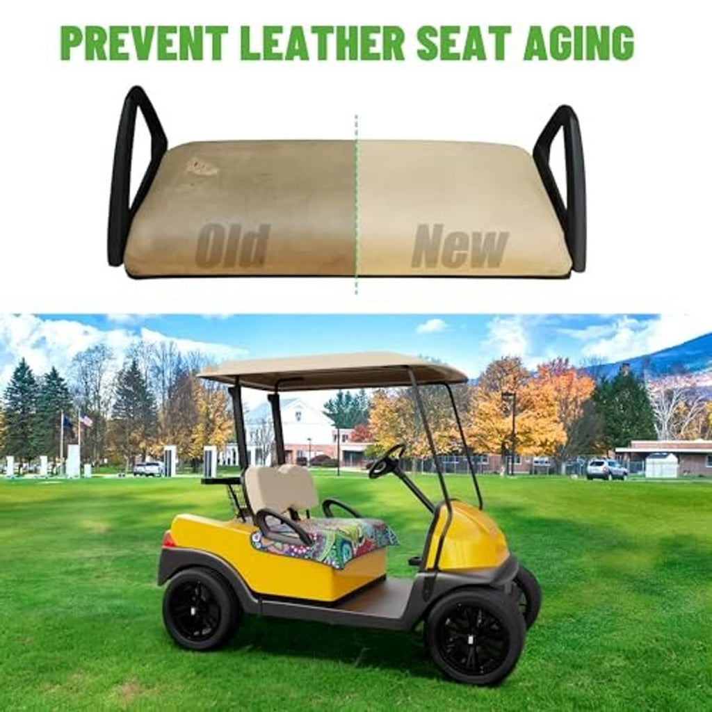 Two-seat golf cart seat cover with colorful mandala pattern and black corner handles.