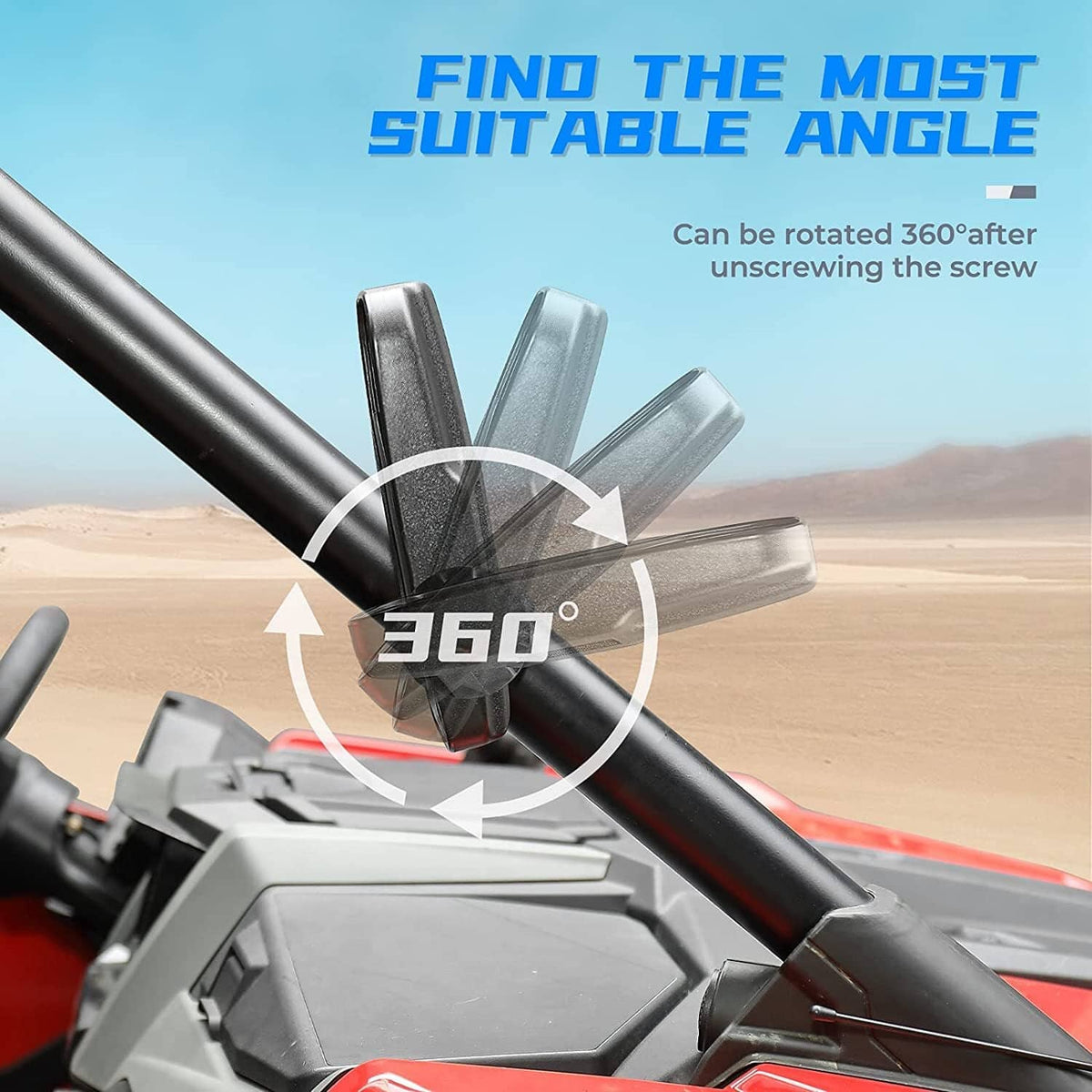 Adjustable UTV rearview side mirror with black arm and clear rectangular lens on the bar