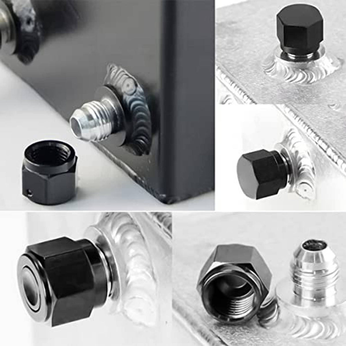 Black 10AN block-off cap plugs with hex heads and side port threads for fittings