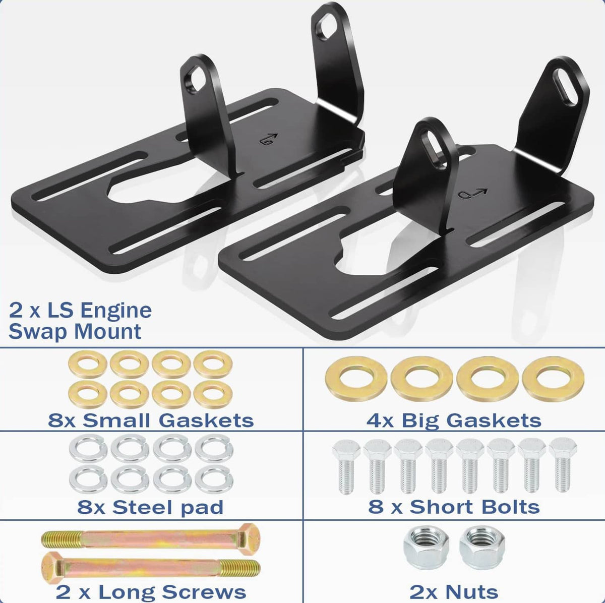 Adjustable engine swap brackets, black steel plates with included bolts, nuts, and gaskets