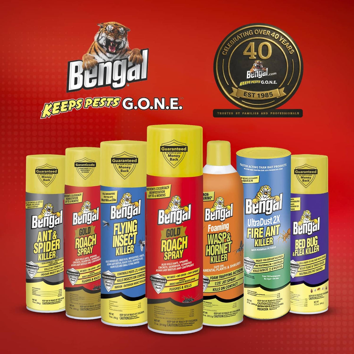 Assorted Bengal pest spray aerosol cans, including Gold Roach Spray, with yellow caps