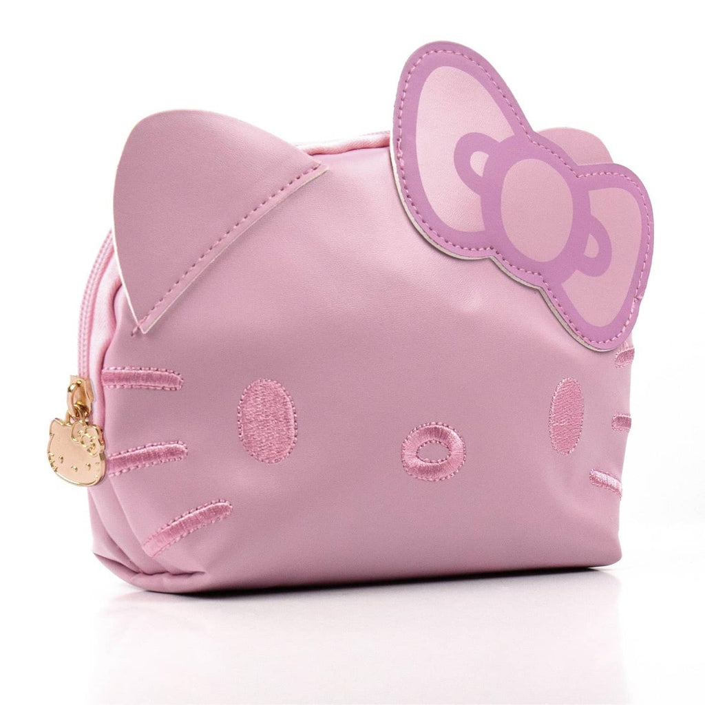 Pink Hello Kitty face mini pouch with cat-ear flap and gold zipper pull