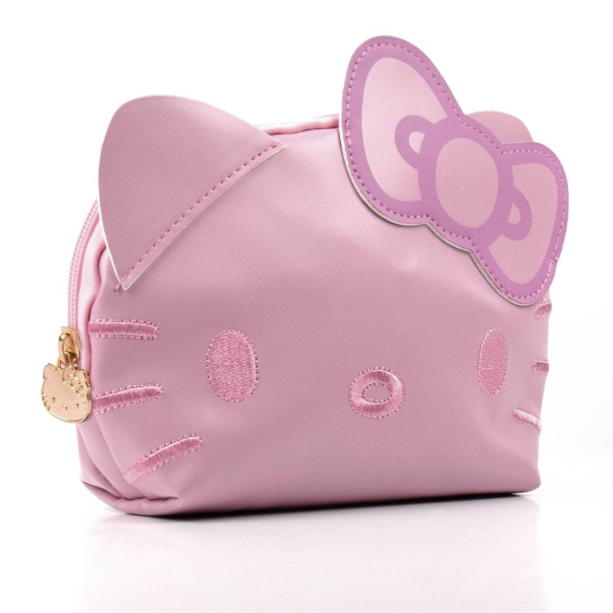 Pink Hello Kitty face mini pouch with cat-ear flap and gold zipper pull