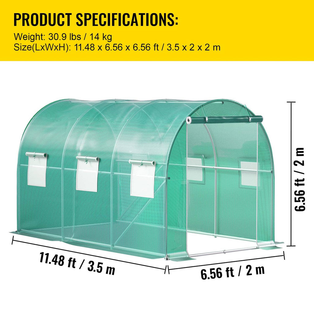 Walk-in tunnel greenhouse with clear green cover and galvanized frame, dimensioned front view