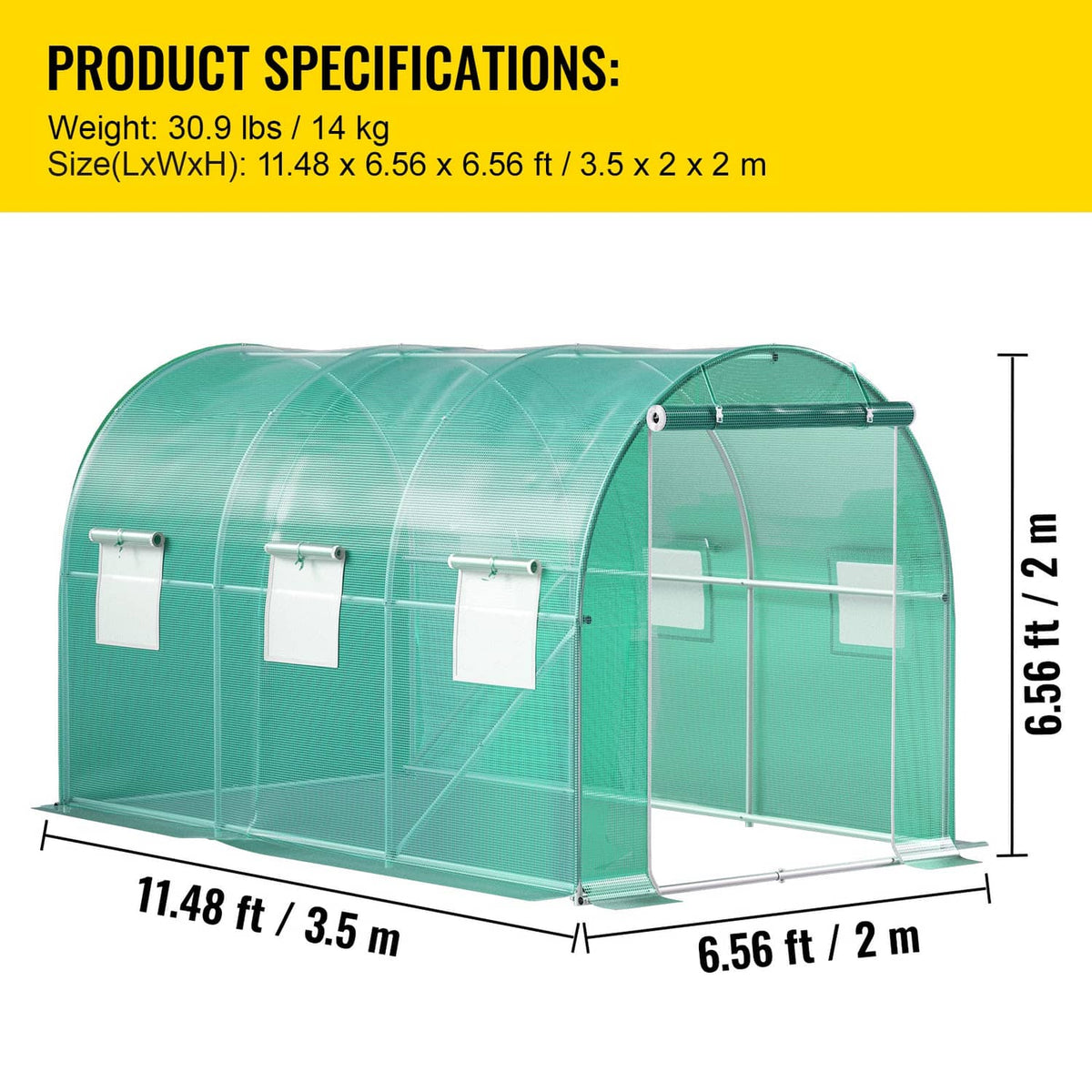 Walk-in tunnel greenhouse with clear green cover and galvanized frame, dimensioned front view