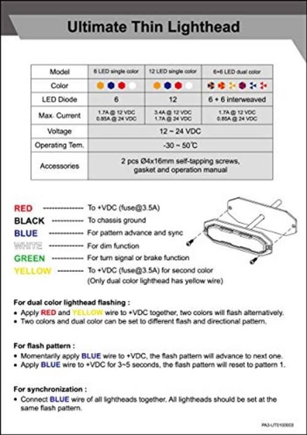 Installation instruction sheet with lighthead model and LED wiring table