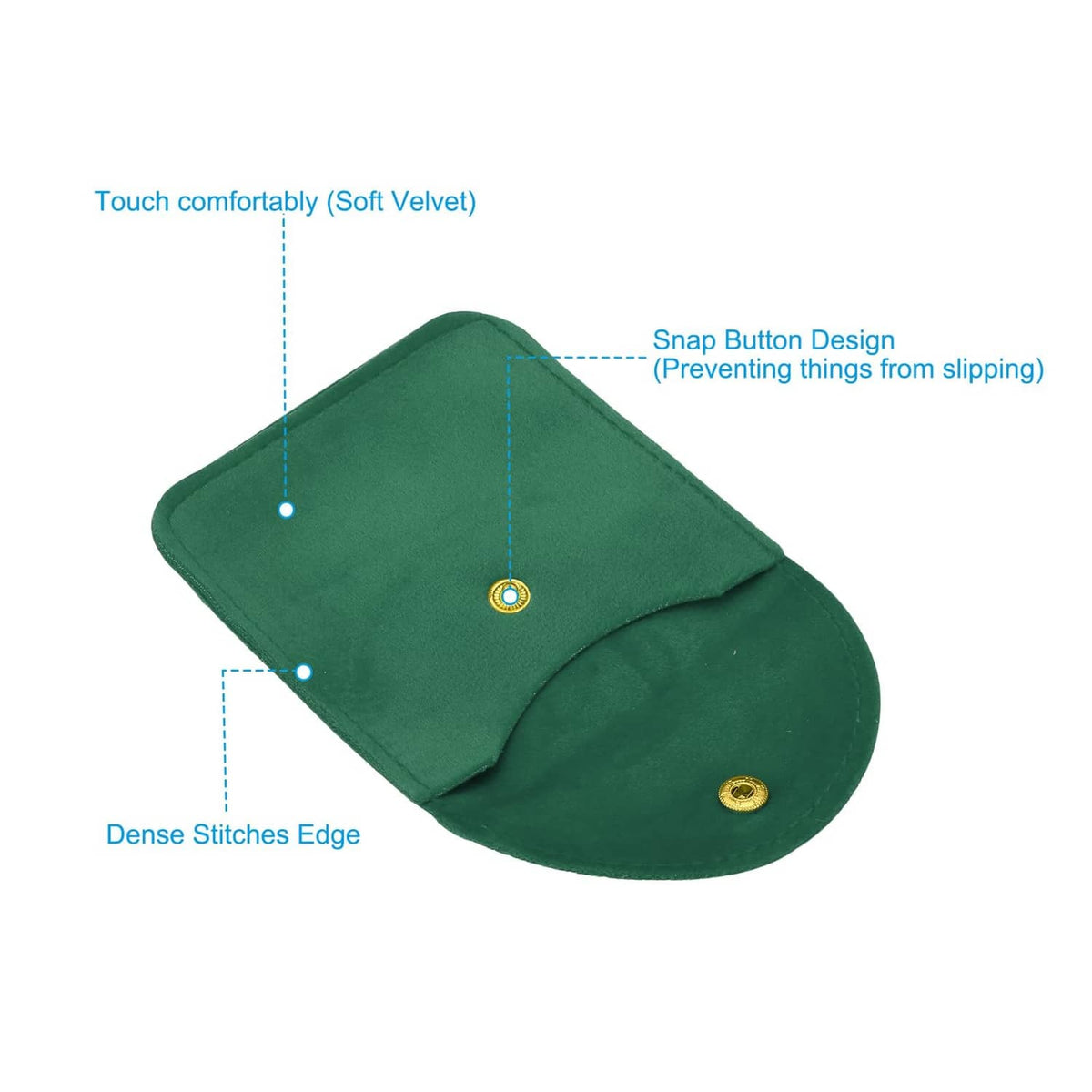 Dark green jewelry pouch with round snap button and curved top flap