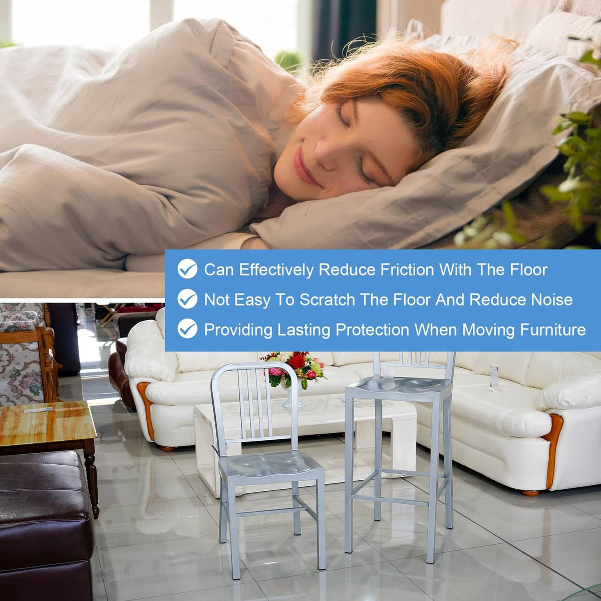 Black rectangle plastic end caps on furniture legs to help reduce friction during movement