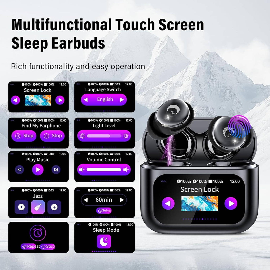 Black charging case and earbuds with screen lock and touch control feature icons