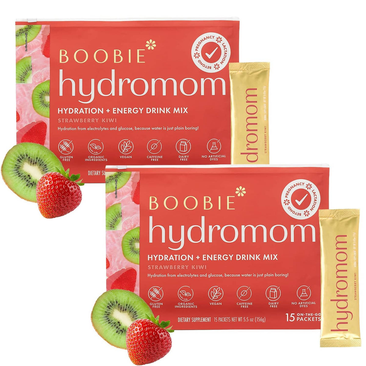 Hydromom strawberry kiwi hydration energy drink mix packets and stick packs