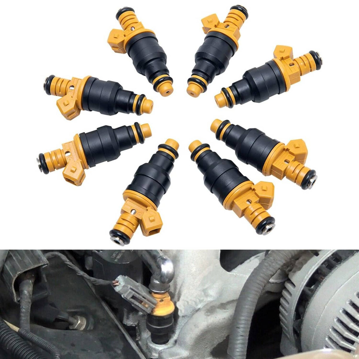 Fuel injector set showing multiple orange-and-black injectors from different angles