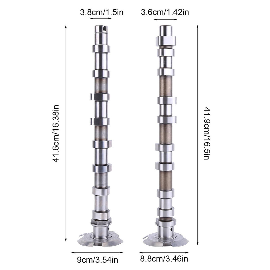 Metal camshafts with flange bases and multiple bearing journals, two-piece set