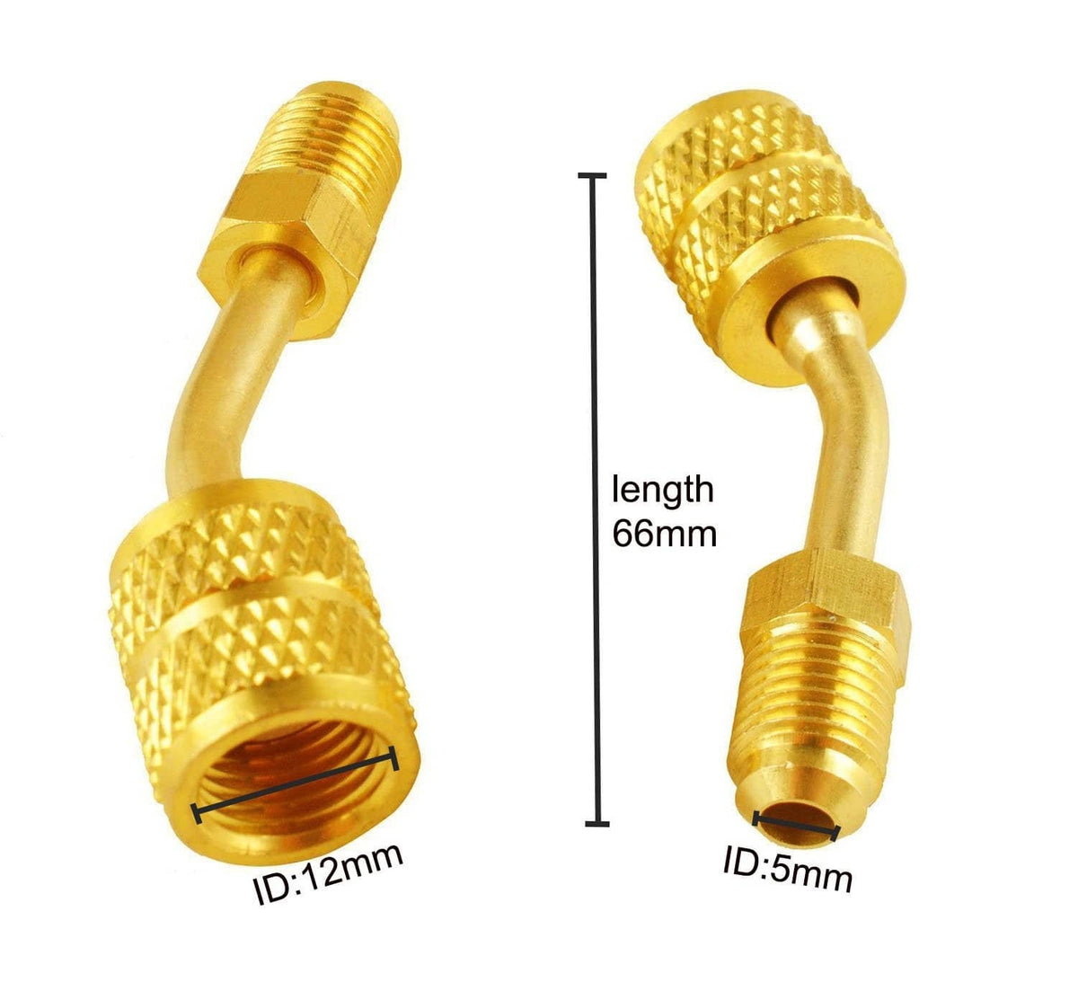 Gold quick-coupler adapter: 66mm length, 5mm ID; threaded ends with knurled grip