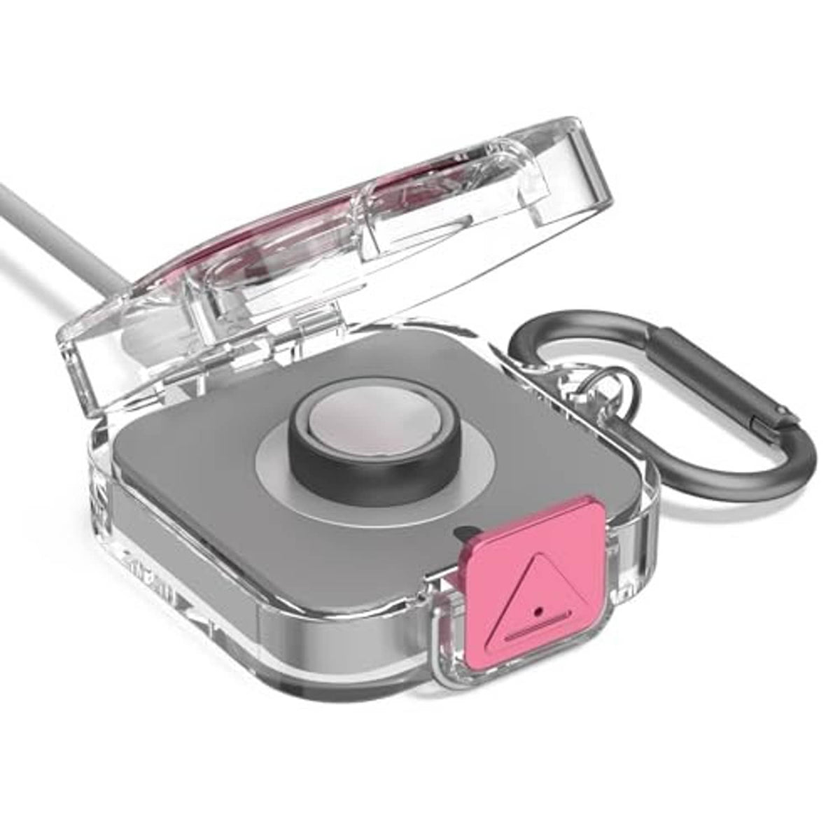 Clear plastic charging case with gray base, pink secure lock, and carabiner clip