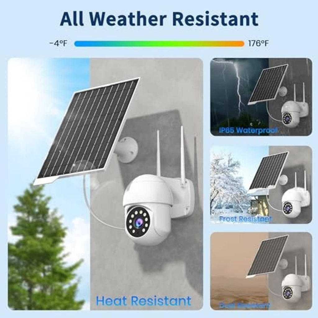 Outdoor solar panel with white security mount and black grid, shown for all-weather use