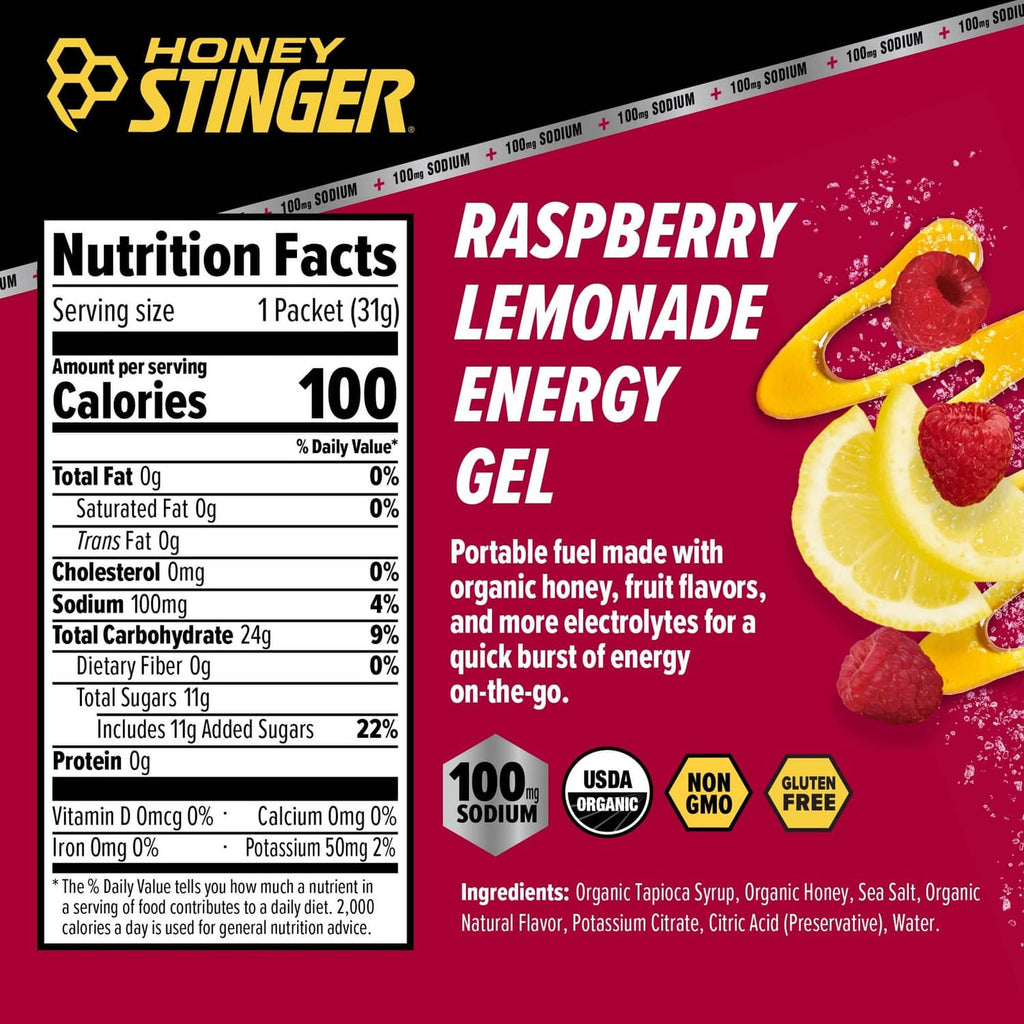 Honey Stinger raspberry lemonade energy gel nutrition facts panel on packet