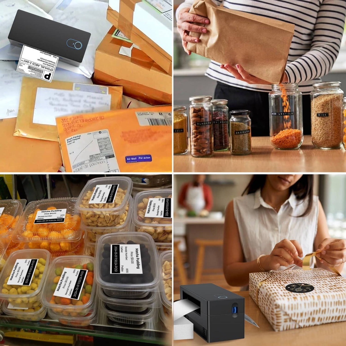 Black thermal label printer producing shipping labels for packages