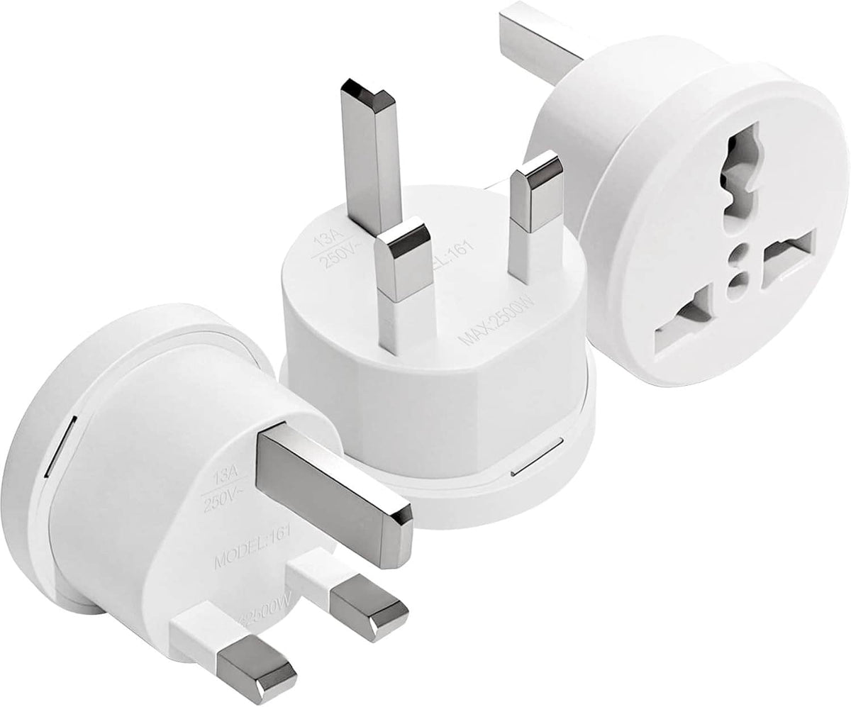Type G UK travel plug adapter with three-prong socket, white compact design