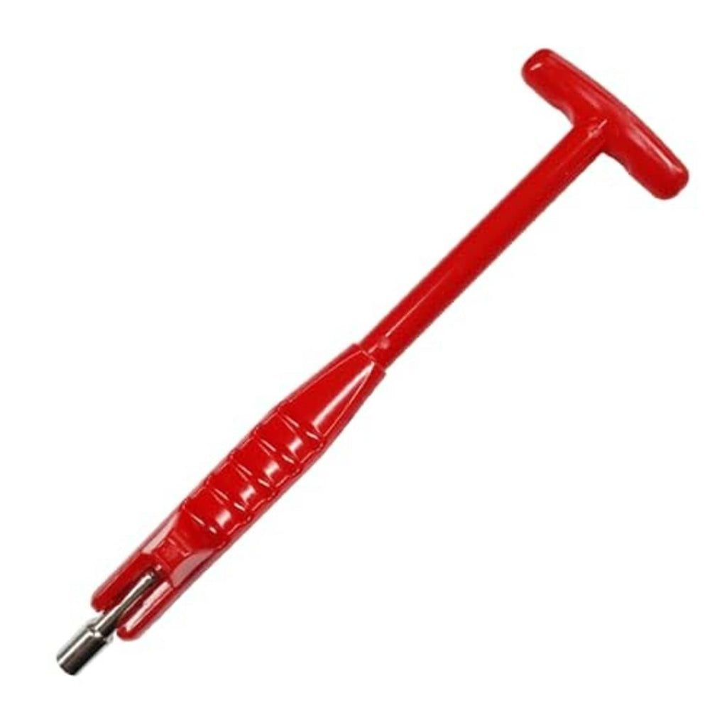 Red valve stem puller tool with T-handle and metal insertion tip
