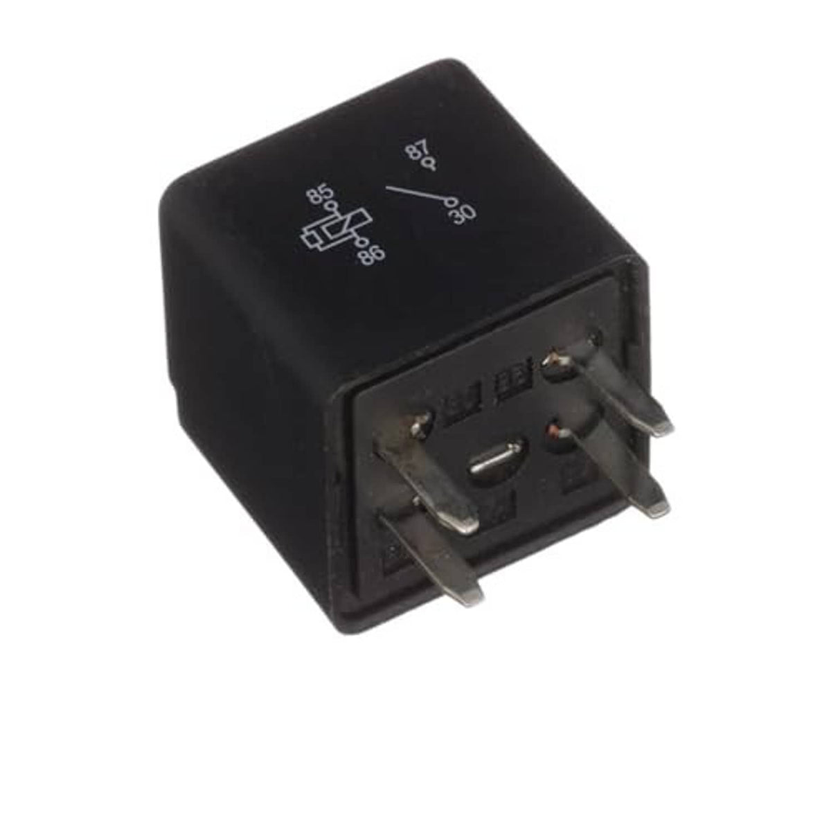 Black relay module with socket contacts and two metal blade terminals