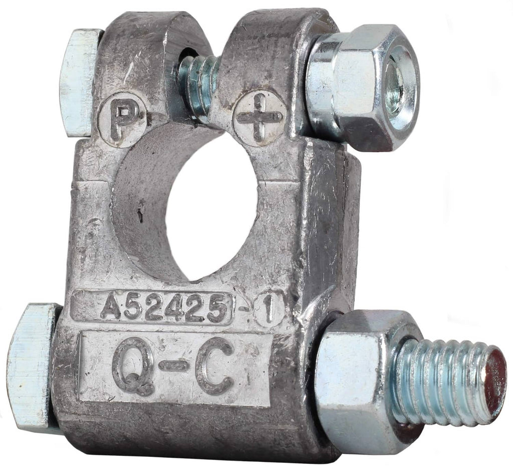Metal battery clamp terminal with stamped markings and bolt hardware