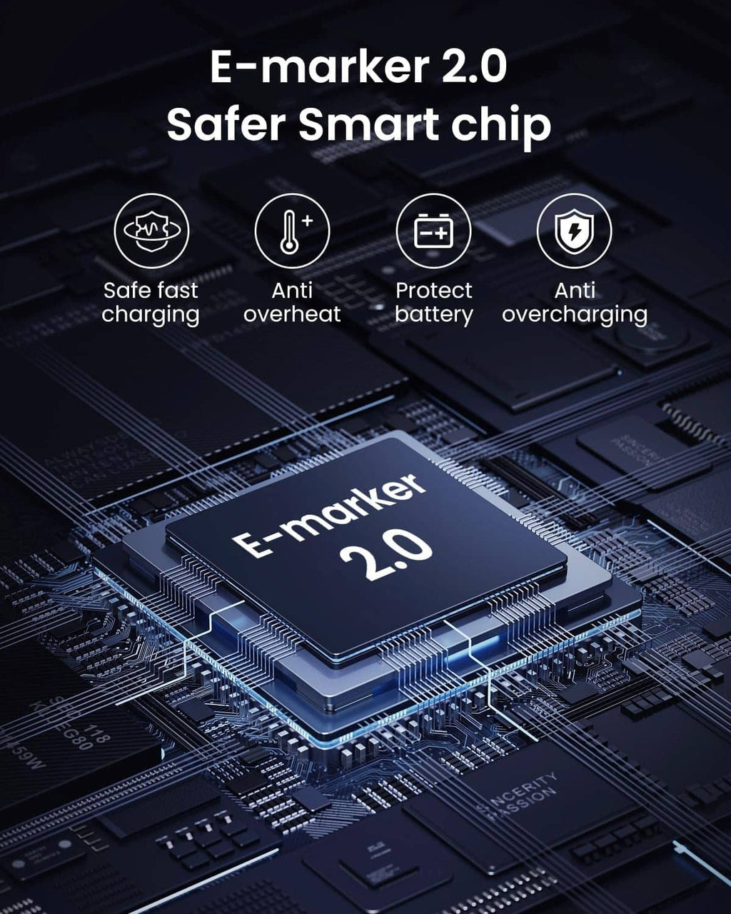 E-marker 2.0 smart chip on circuit board for USB-C to C charging cable safety