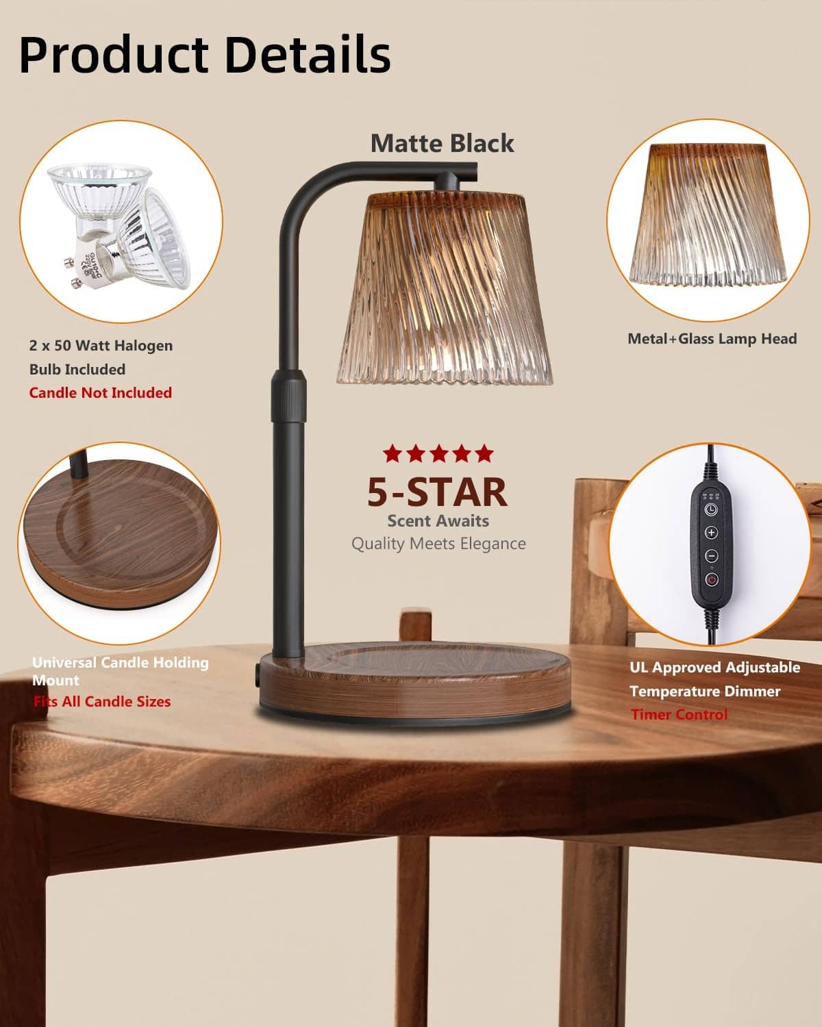 Candle warmer lamp kit with matte black stand, ribbed metal-glass head, wooden base