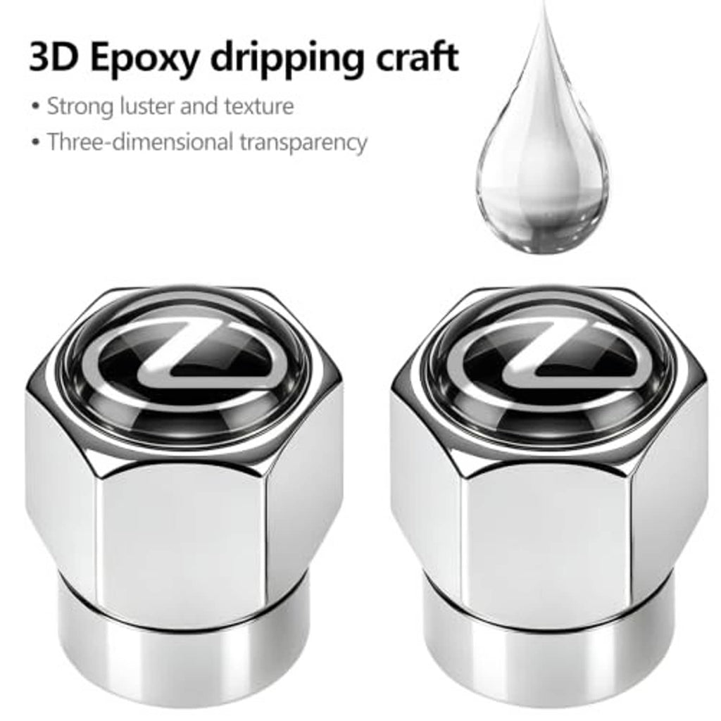 Two chrome tire valve stem caps with black emblem center and glossy silver finish