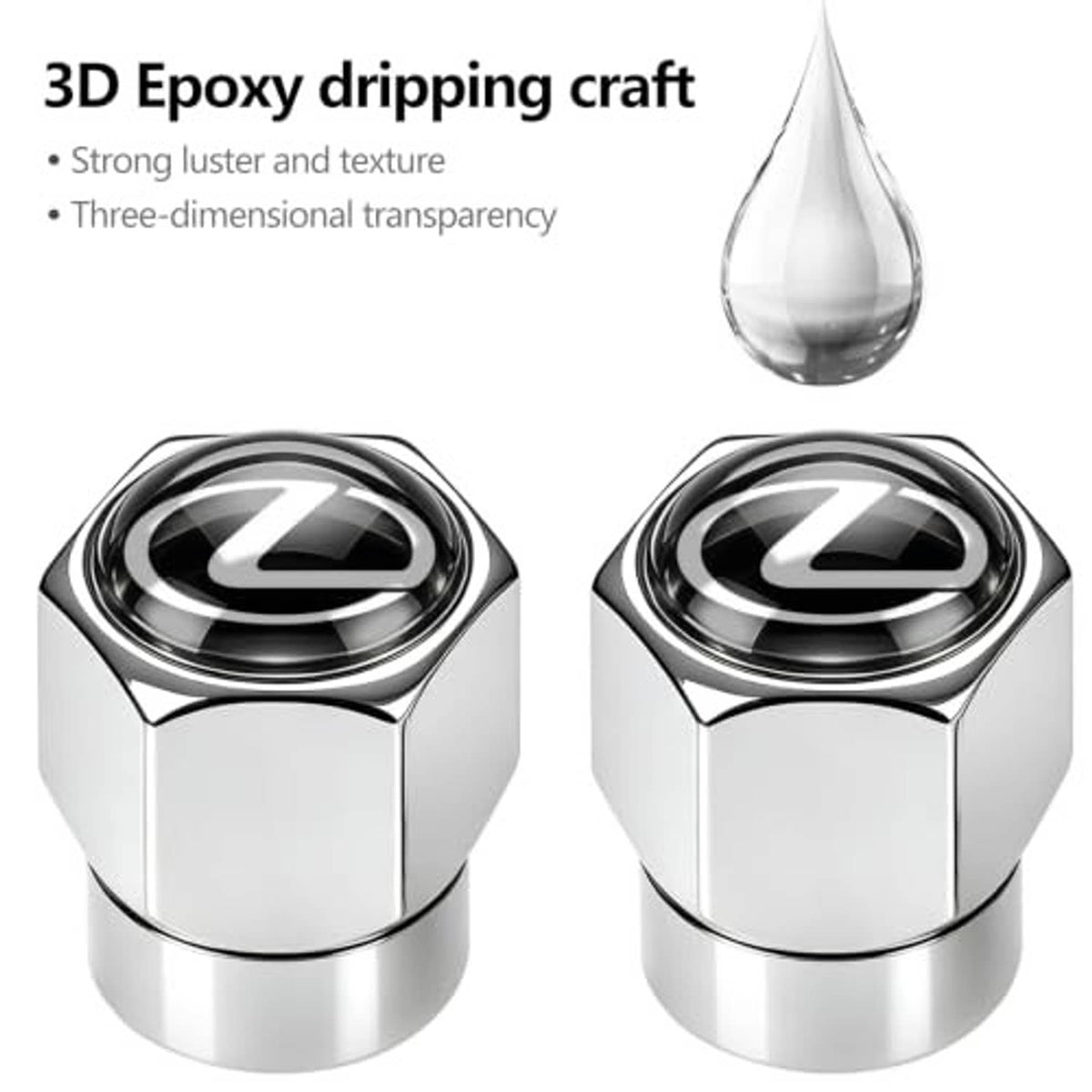 Two chrome tire valve stem caps with black emblem center and glossy silver finish