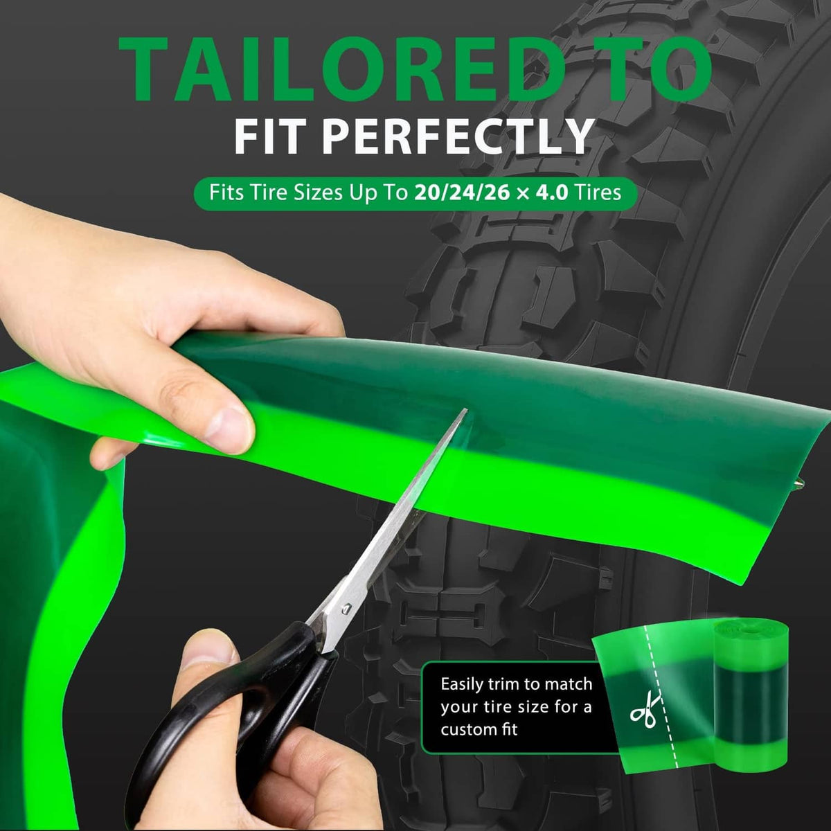 Green TPU tire liner being trimmed by hand to fit a fat bike tire.