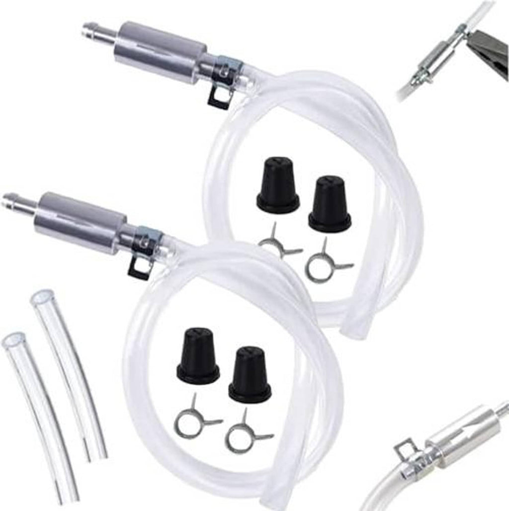Brake bleeder hose set with two clear hoses, silver connectors, black caps, and check valves