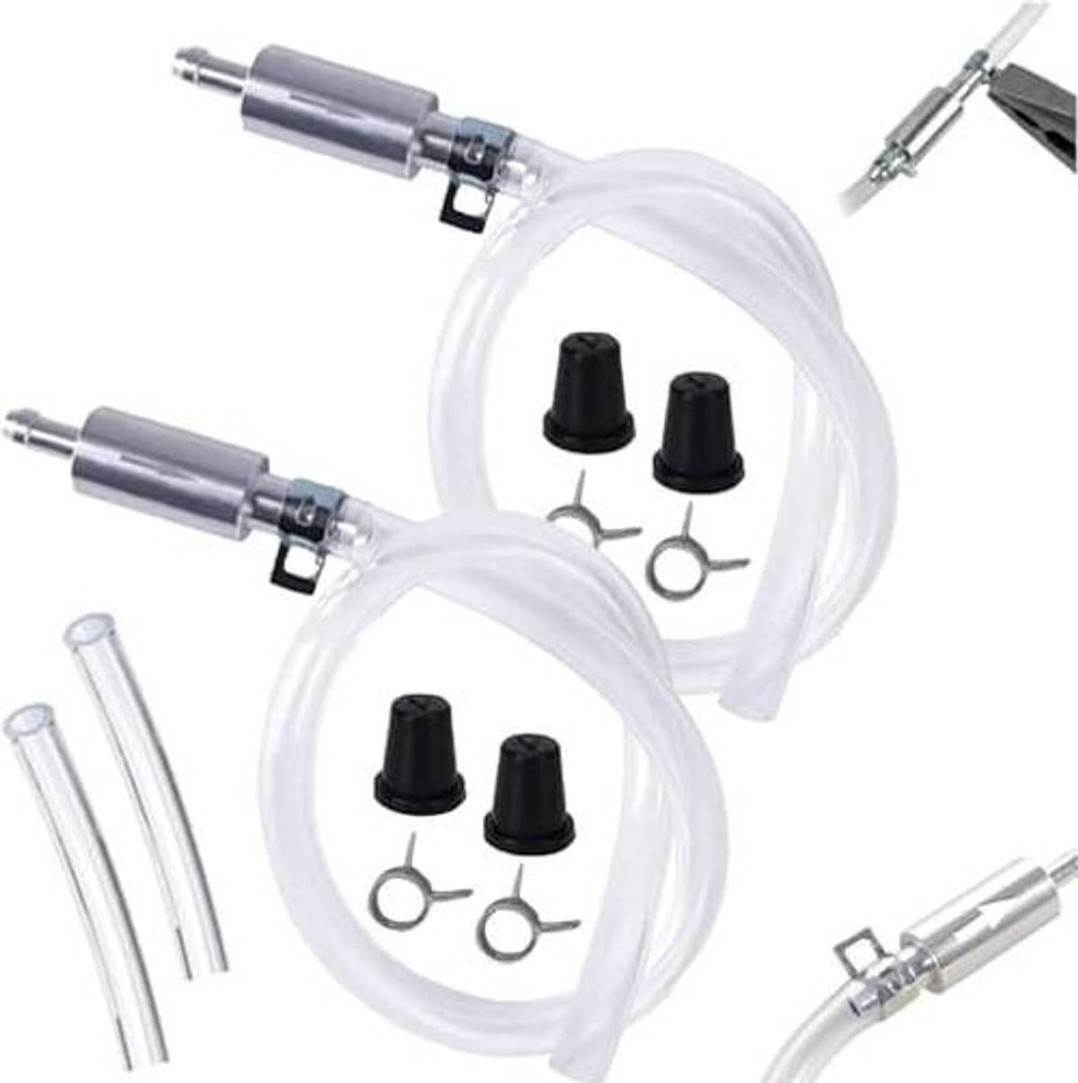 Brake bleeder hose set with two clear hoses, silver connectors, black caps, and check valves