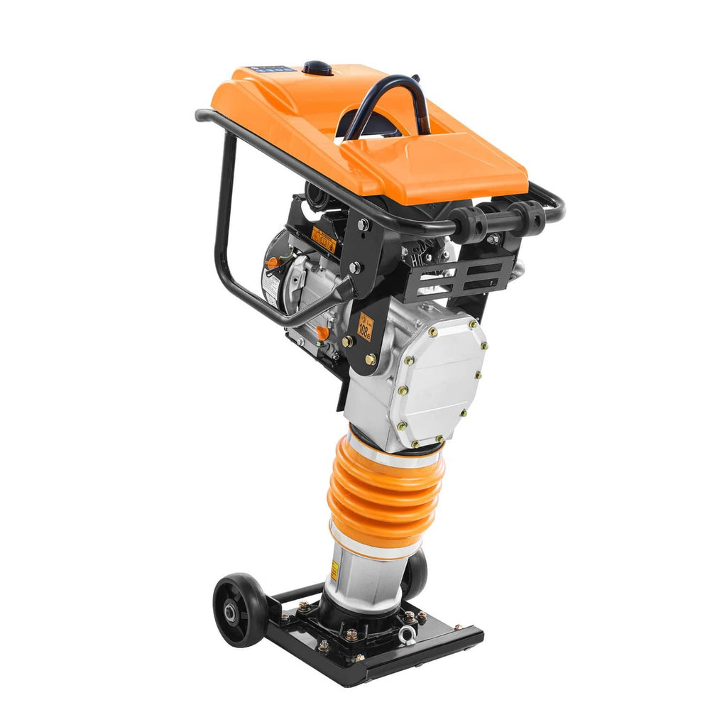 Gas powered jumping jack tamper compactor with orange housing, gray engine, and black handle