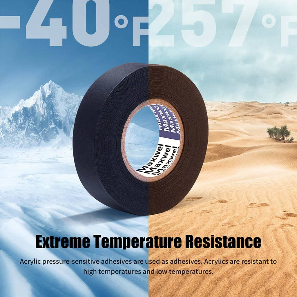 Black automotive wiring harness cloth tape roll with inner Maxwel core label