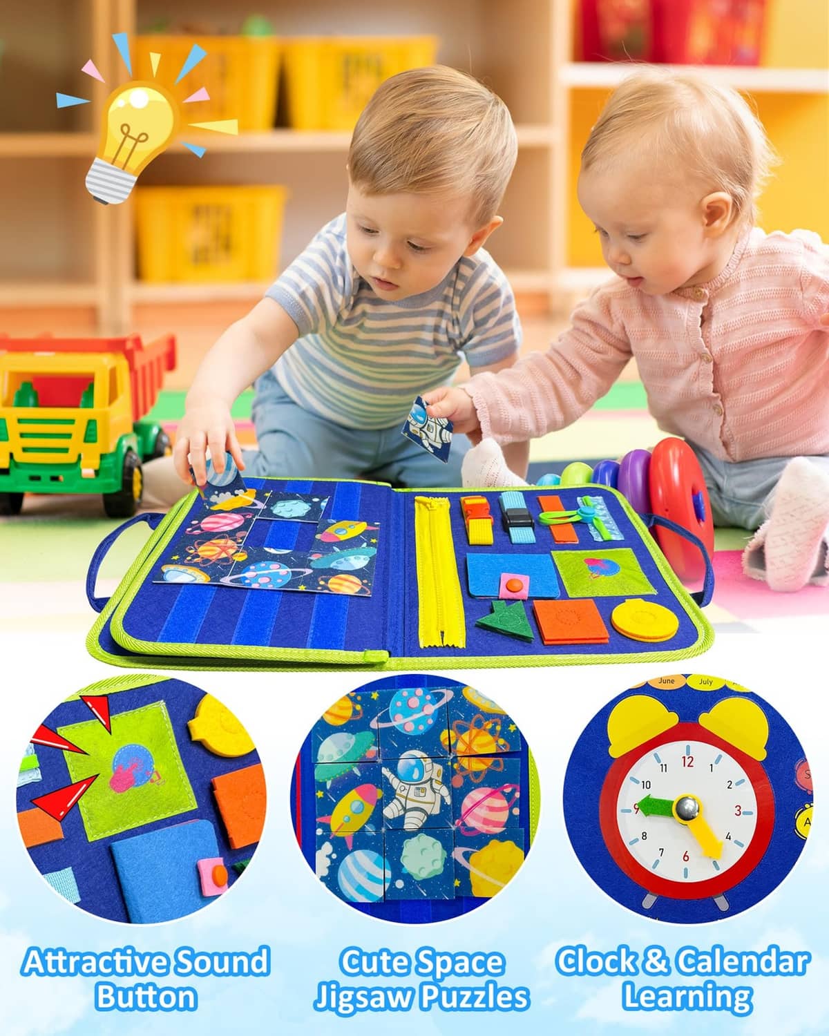 Blue Montessori busy board with interactive belt, buttons, and colorful puzzle pieces