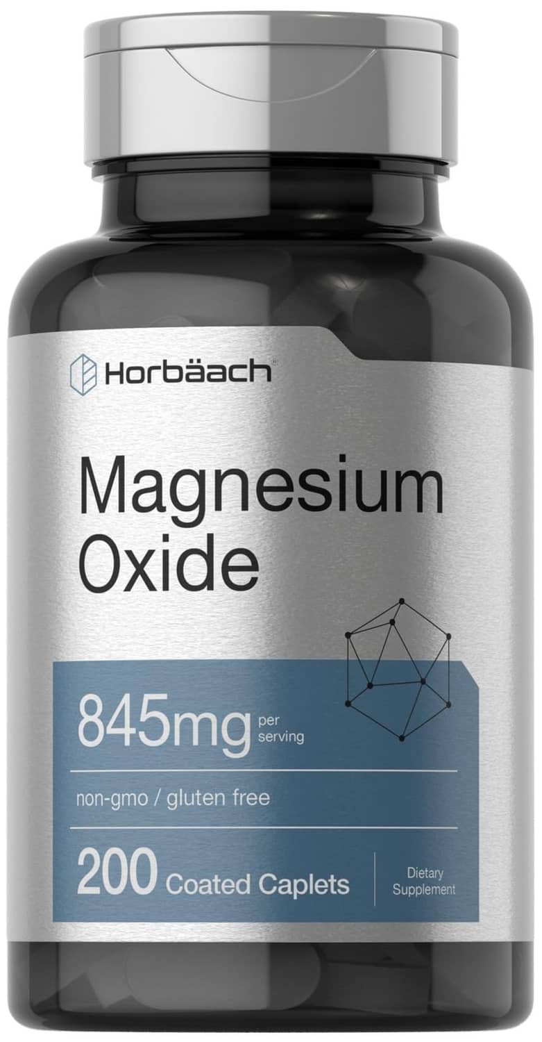 Magnesium oxide supplement bottle with 845 mg per serving and blue coated caplet label
