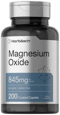 Magnesium oxide supplement bottle with 845 mg per serving and blue coated caplet label