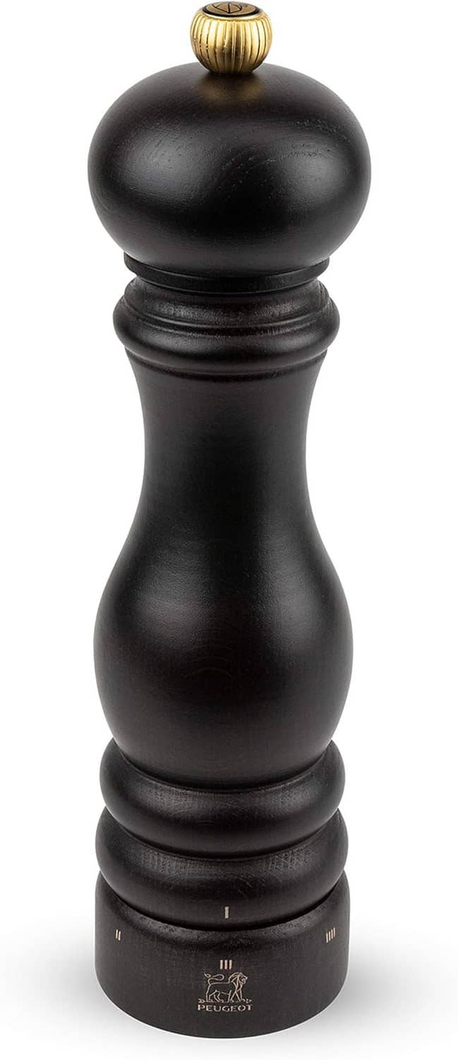 U'Select wood pepper mill in dark chocolate with gold knob and logo base