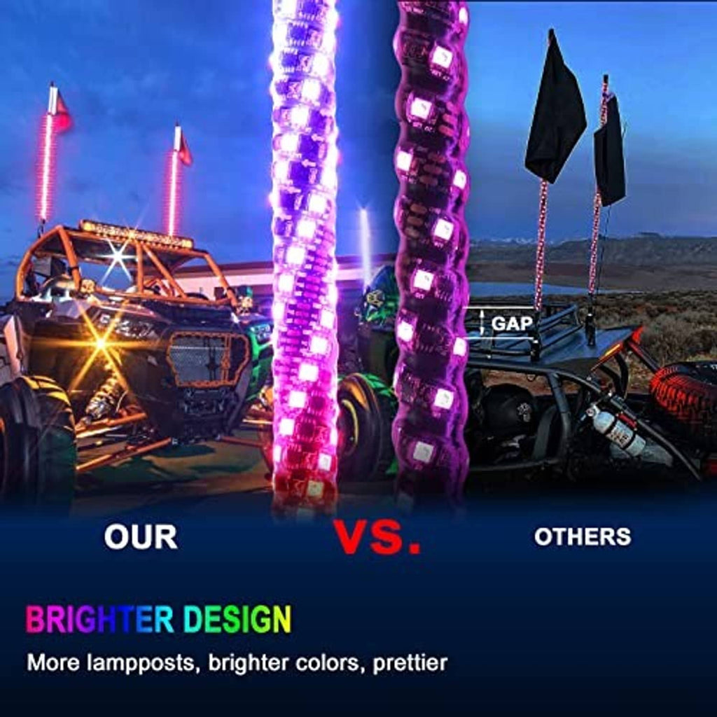 RGB LED whip lights mounted on an off-road UTV, glowing in multiple colors