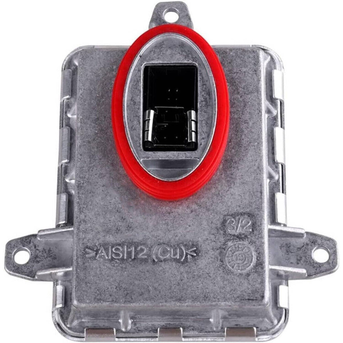 Xenon HID igniter module with oval connector window, red mounting ring, and metal body