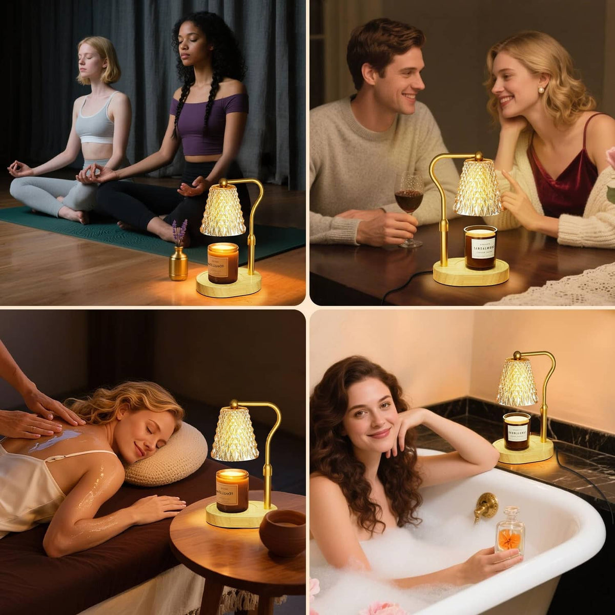Amber-gold candle warmer lamp with faceted glass shade, metal stand, wooden base