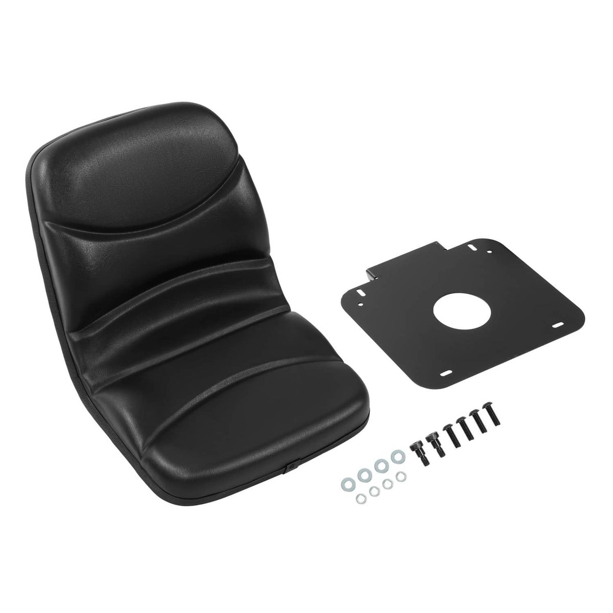 Black tractor seat cushion with padded backrest and smooth vinyl finish