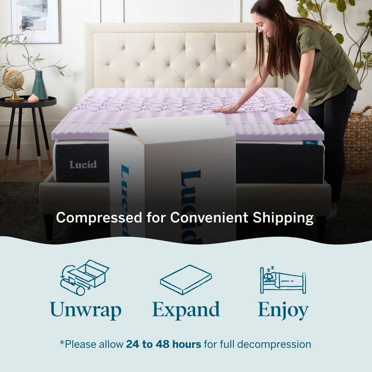 Compressed lavender memory foam mattress topper with product box on bed