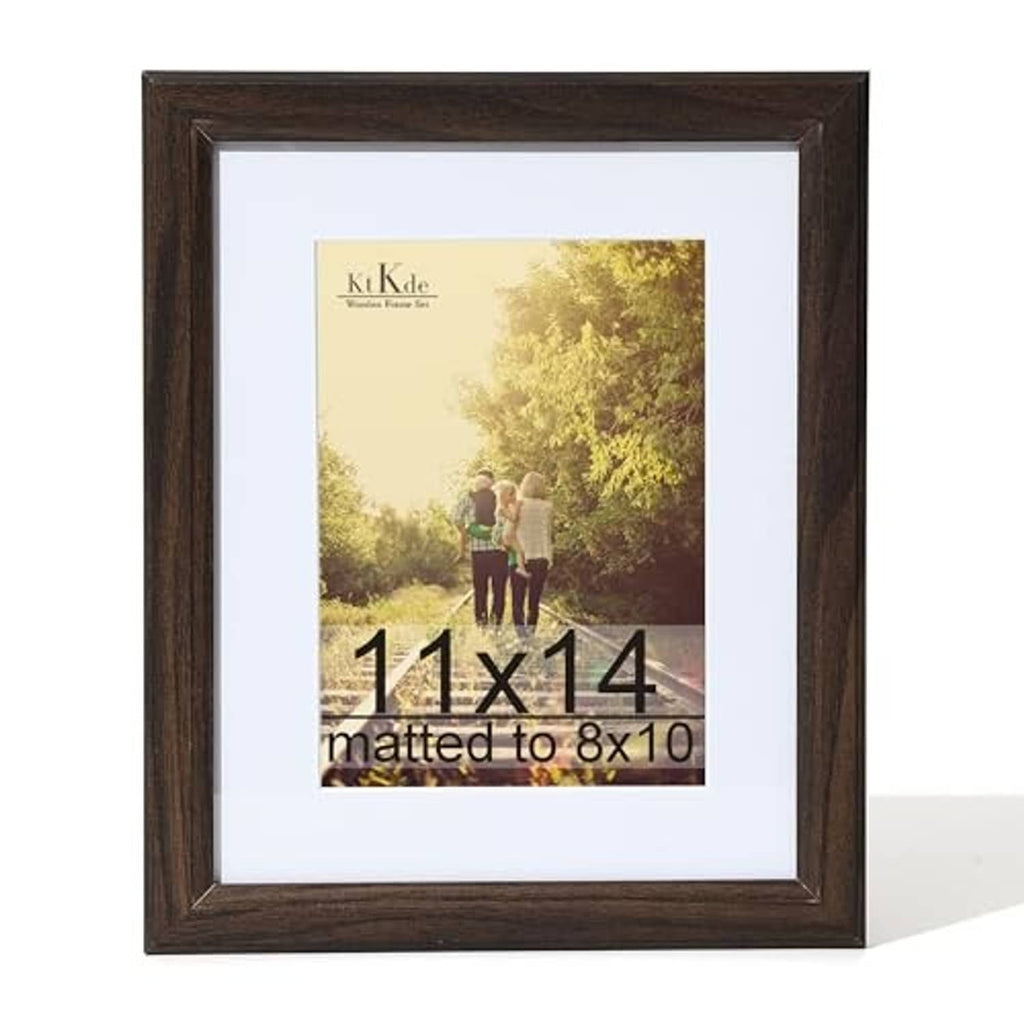 Dark walnut woodgrain picture frame with clear glass, showing an 11x14 photo with mat
