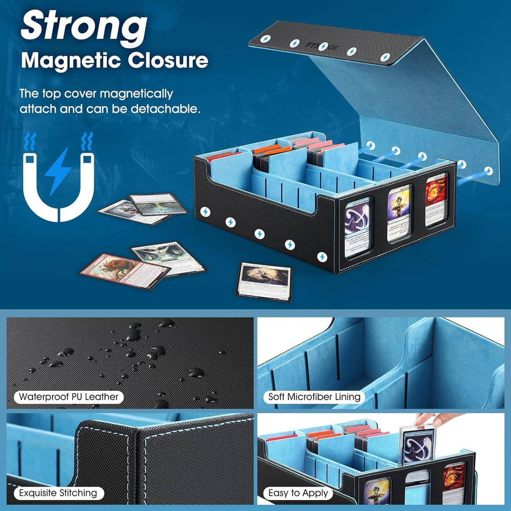 Trading card deck box with magnetic closure and detachable lid, black sides with blue lining