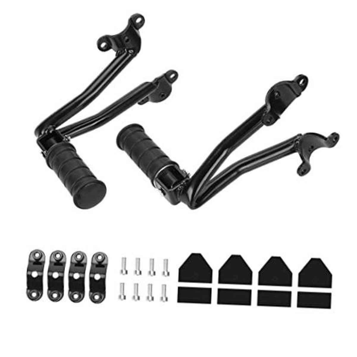 Black rear passenger foot pegs with rubber grips, mounting brackets and hardware