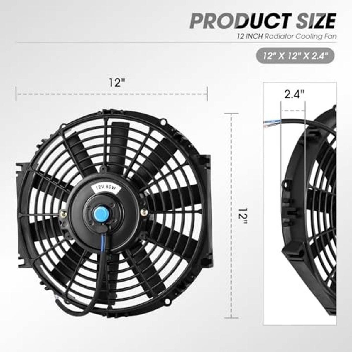 12-inch radiator cooling fan unit with size layout, black circular grille